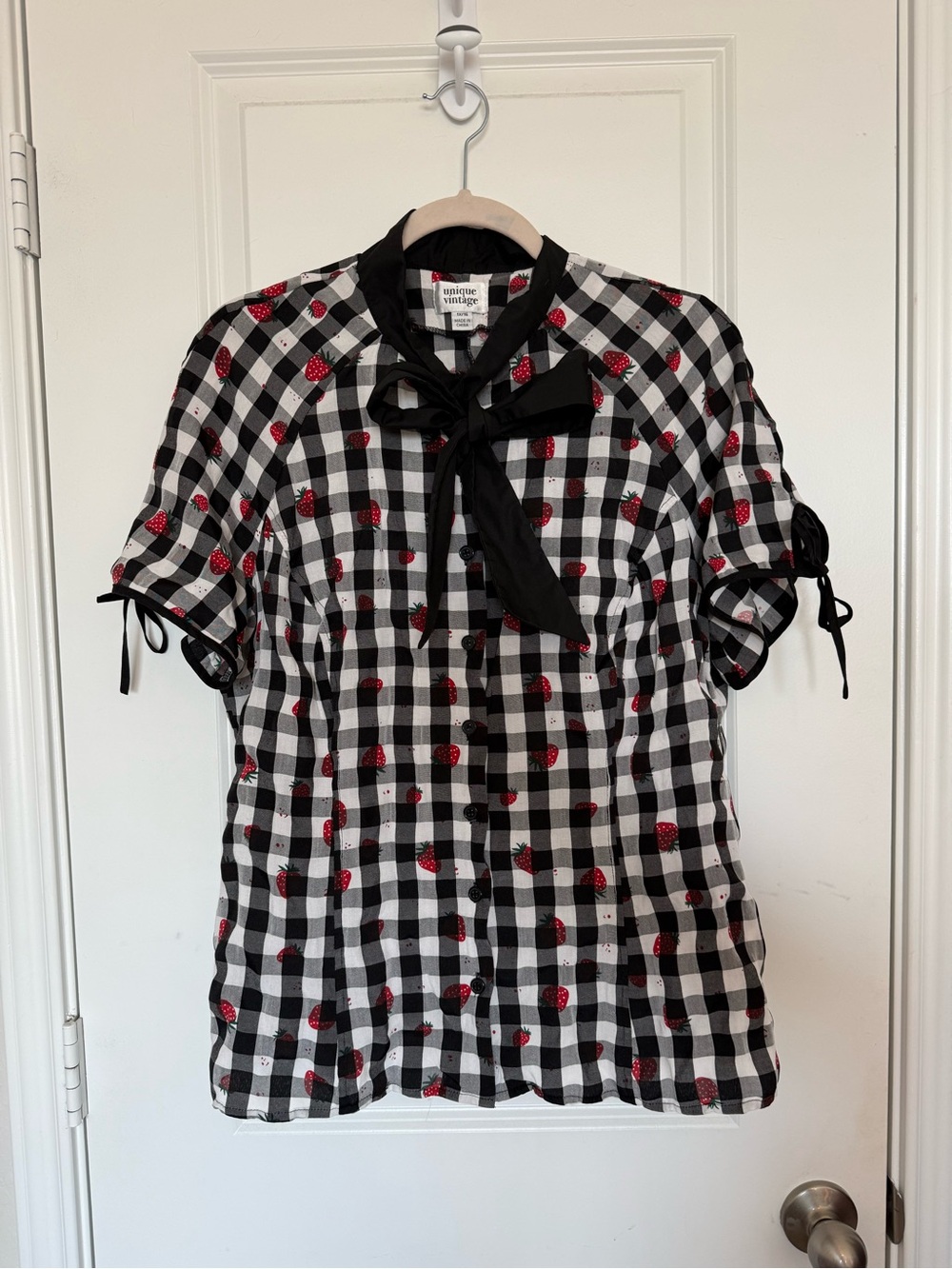 Unique Vintage Strawberry Black & White Gingham Button Down Blouse with Bows
